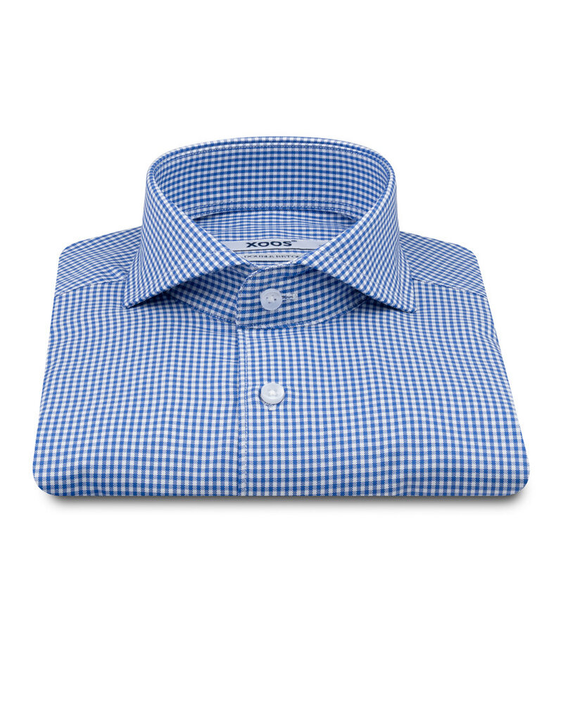 XOOS Men's blue gingham check shirt with full spread collar (Double Twisted)