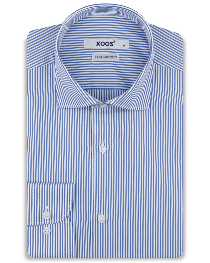 XOOS Chemise homme à rayures bleues et col Italien (Double Retors)