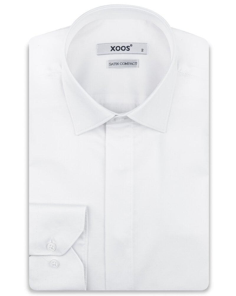 XOOS Men's white Sateen cotton dress shirt with hidden placket