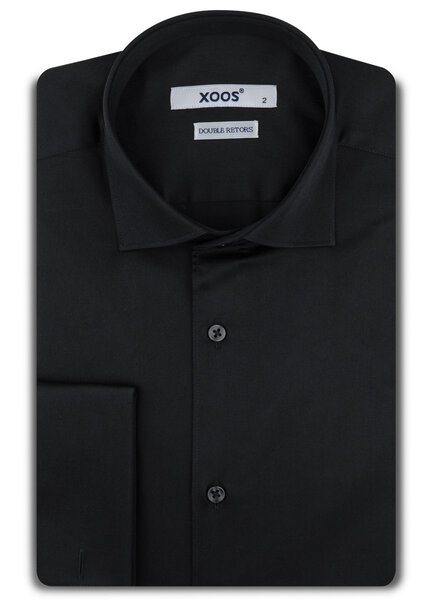 XOOS Chemise homme en Twill noir et poignets mousquetaire (Double Retors)