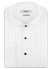 XOOS Men's white tuxedo shirt with pleated front and tip wing collar (black buttons)