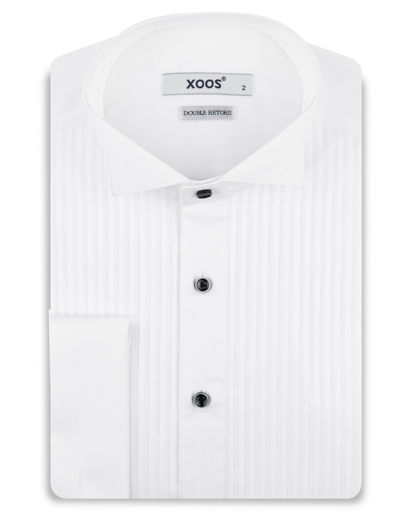 XOOS Men's white tuxedo shirt with pleated front and tip wing collar (black buttons)