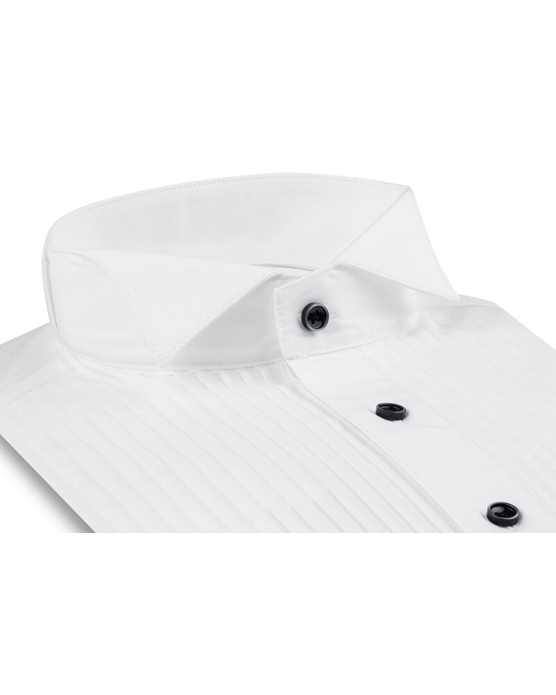 XOOS Men's white tuxedo shirt with pleated front and tip wing collar (black buttons)