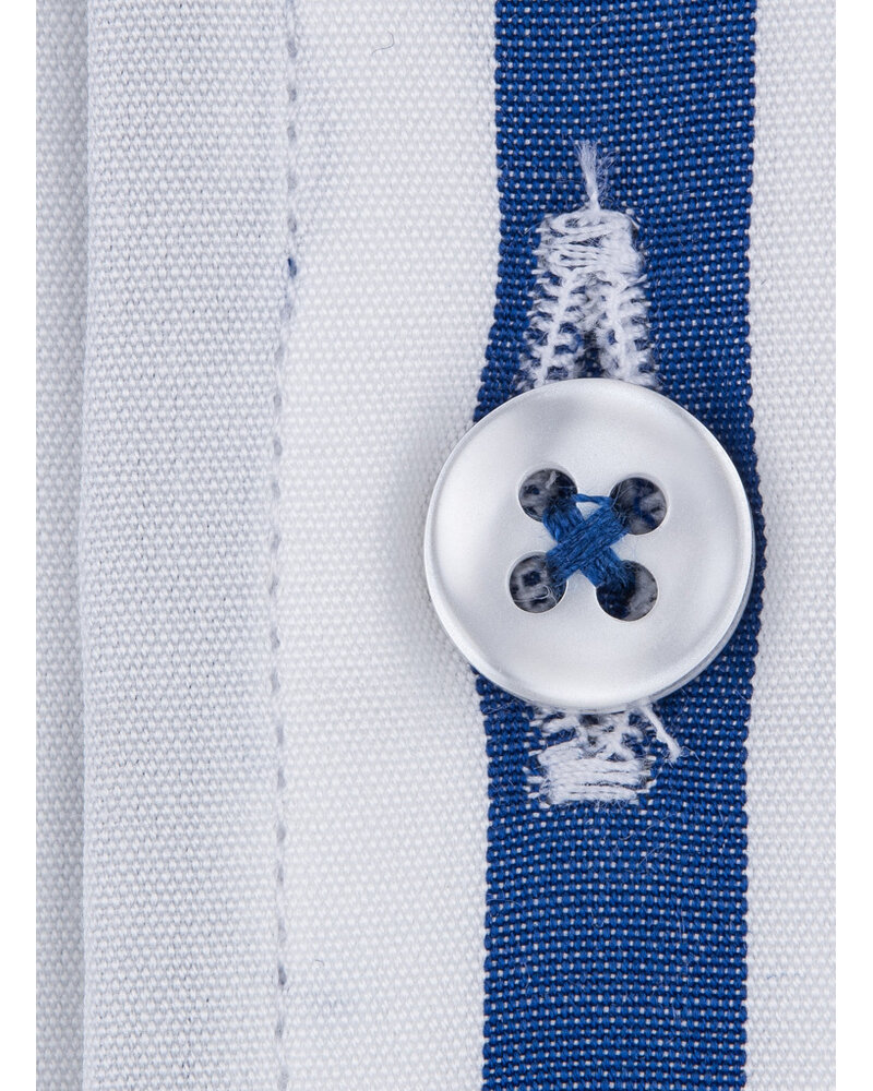XOOS Chemise homme à rayures baton bleu et col droit ouvert (Double Retors)