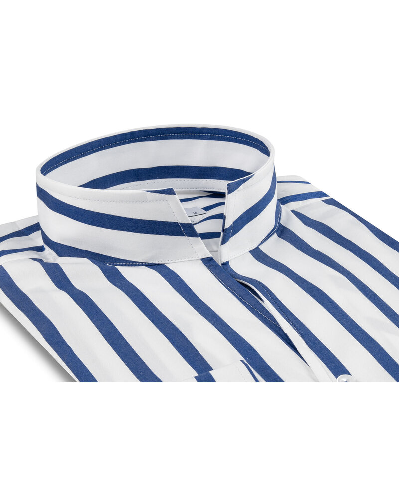 XOOS Chemise homme à rayures baton bleu et col droit ouvert (Double Retors)