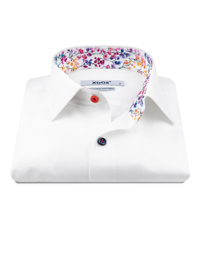 XOOS Chemise homme blanche à doublure florale multicolore et boutons assortis (Double Retors)