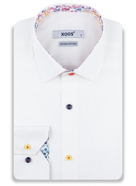 XOOS Men's white shirt with multicolor floral lining and matching buttons (Double Twisted)