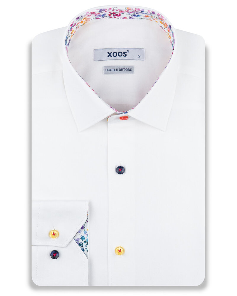 XOOS Chemise homme blanche à doublure florale multicolore et boutons assortis (Double Retors)