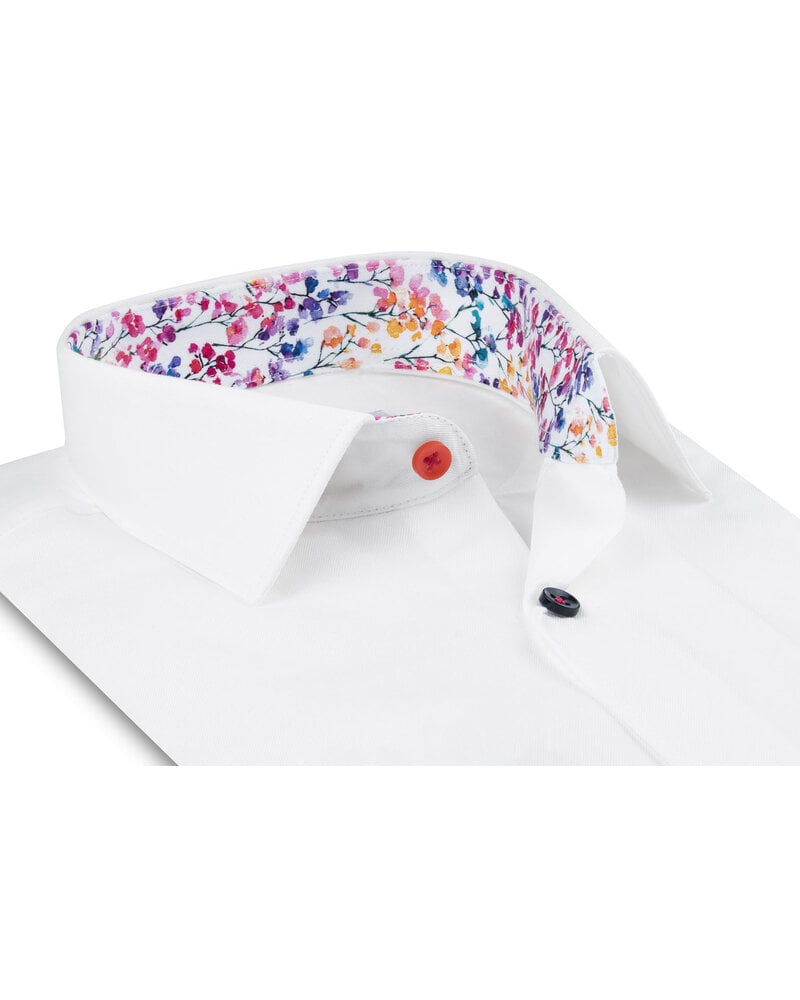 XOOS Men's white shirt with multicolor floral lining and matching buttons (Double Twisted)