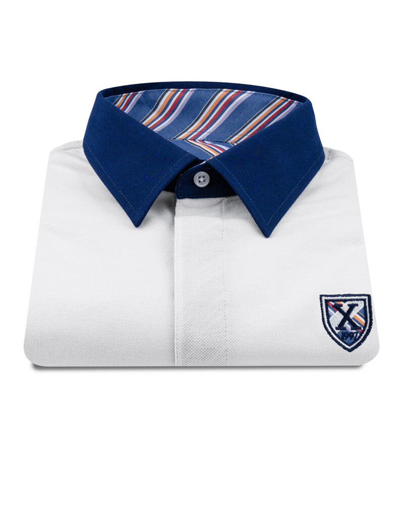 XOOS Polo manches courtes blanc à col de chemise marine et doublure bayadère orange