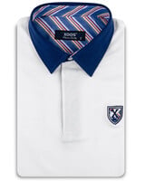 XOOS Polo manches courtes blanc à col de chemise marine et doublure bayadère orange