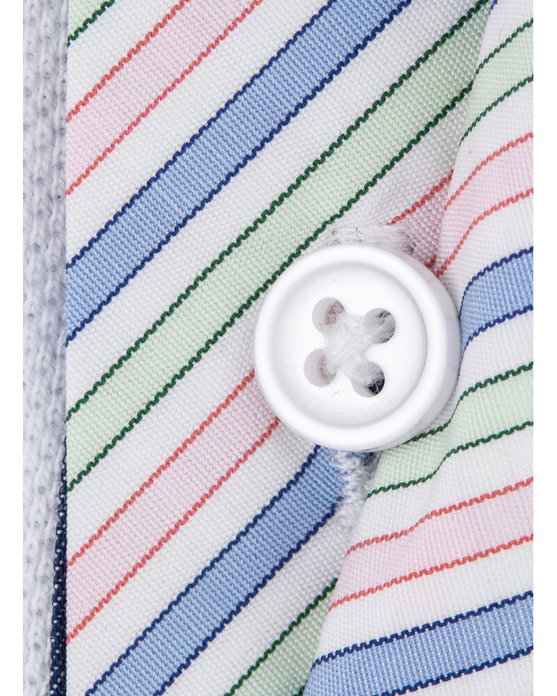 XOOS Polo manches courtes blanc à col de chemise marine et doublure bayadère rose et pistache