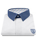 XOOS White short-sleeve polo with navy shirt collar and pink and pistachio striped lining