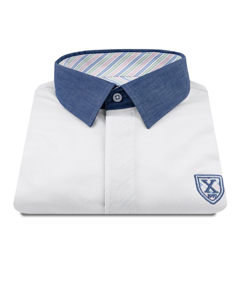 XOOS White short-sleeve polo with navy shirt collar and pink and pistachio striped lining