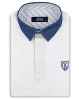 XOOS White short-sleeve polo with navy shirt collar and pink and pistachio striped lining