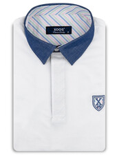XOOS Polo manches courtes blanc à col de chemise marine et doublure bayadère rose et pistache