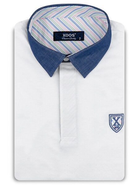 XOOS Polo manches courtes blanc à col de chemise marine et doublure bayadère rose et pistache