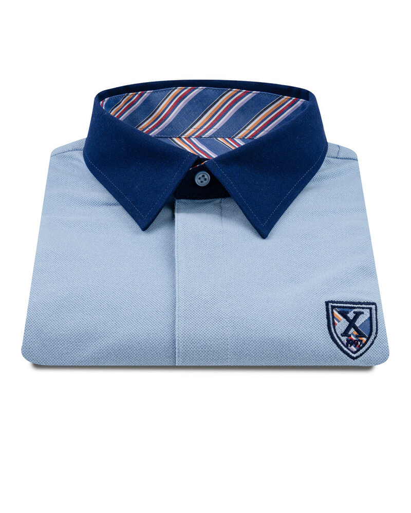 XOOS Polo manches courtes bleu à col de chemise marine et doublure bayadère orange