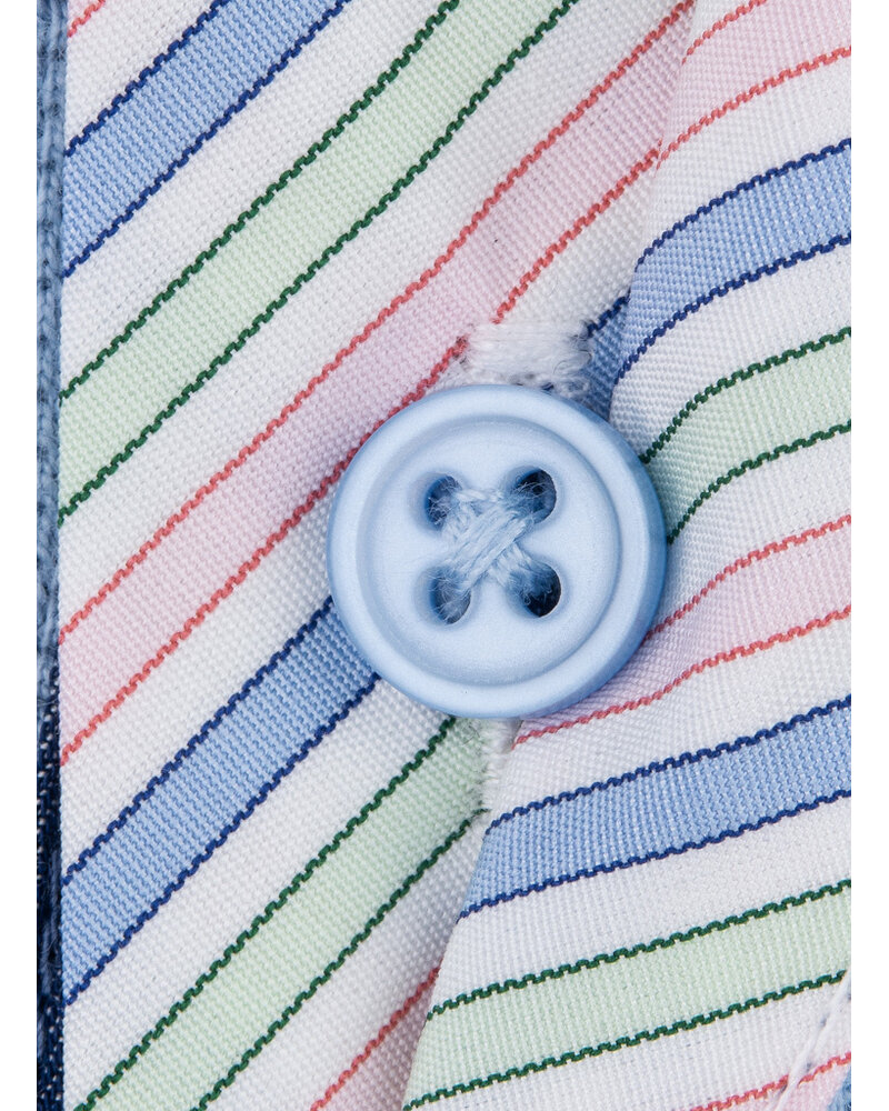 XOOS Polo manches courtes bleu à col de chemise marine et doublure bayadère rose et pistache
