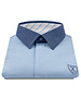 XOOS Blue short-sleeve polo with navy shirt collar and pink and pistachio striped lining