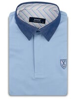 XOOS Blue short-sleeve polo with navy shirt collar and pink and pistachio striped lining