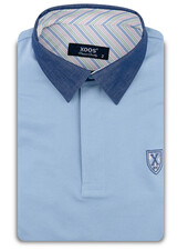 XOOS Blue short-sleeve polo with navy shirt collar and pink and pistachio striped lining