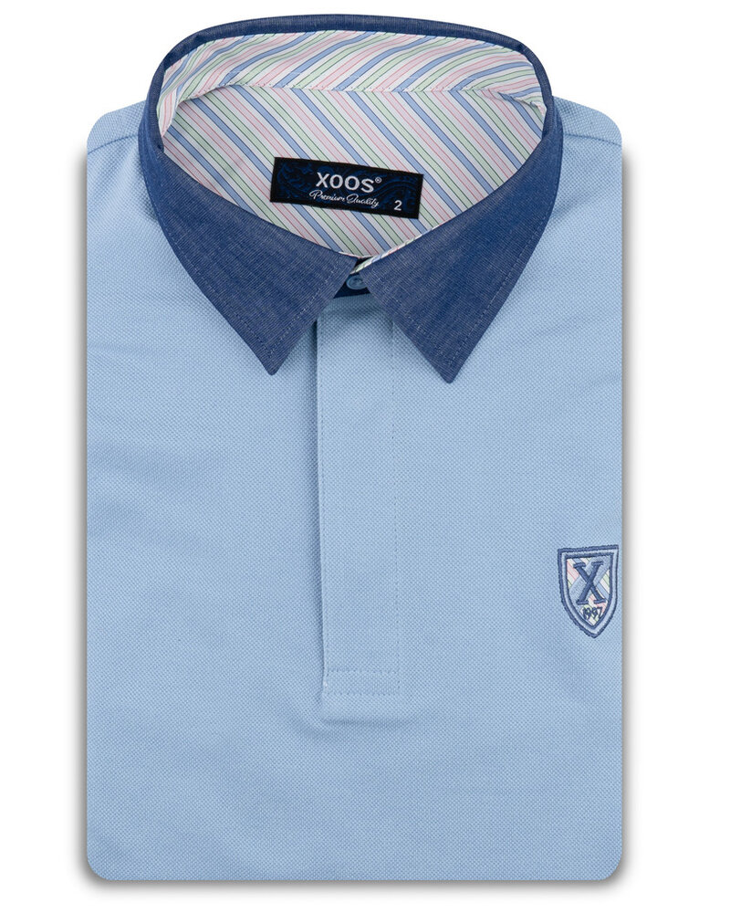 XOOS Polo manches courtes bleu à col de chemise marine et doublure bayadère rose et pistache