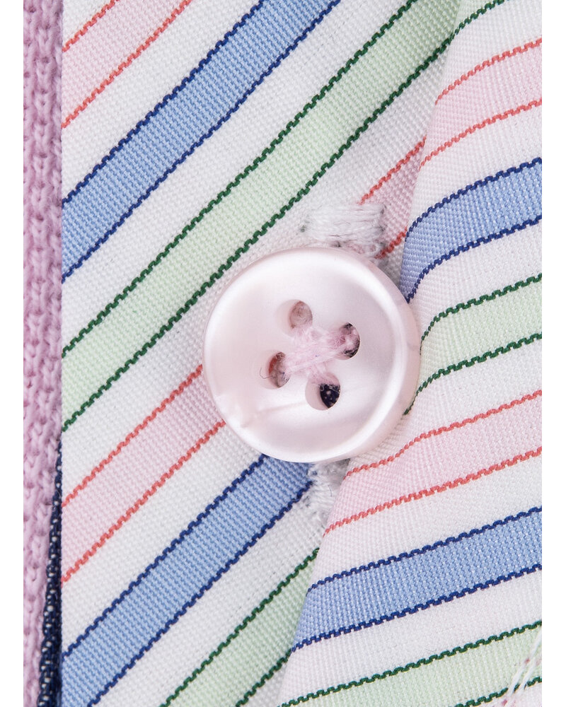 XOOS Pink short-sleeve polo with navy shirt collar and pink and pistachio striped lining