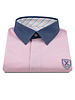 XOOS Pink short-sleeve polo with navy shirt collar and pink and pistachio striped lining