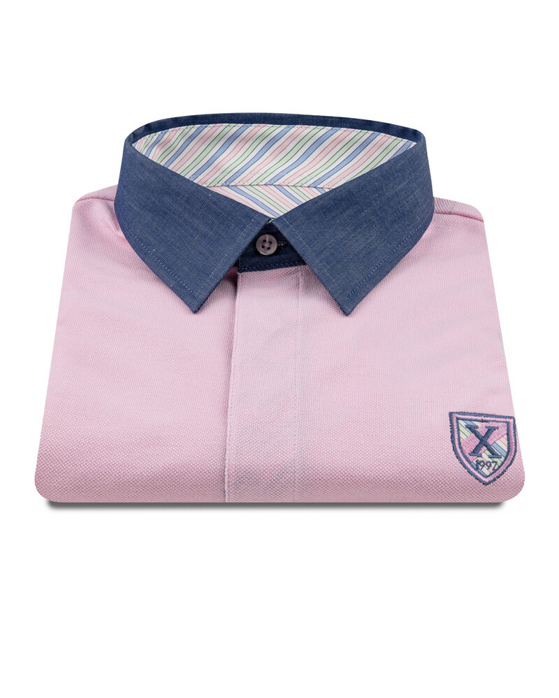 XOOS Polo manches courtes rose à col de chemise marine et doublure bayadère rose et pistache