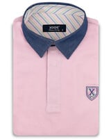 XOOS Pink short-sleeve polo with navy shirt collar and pink and pistachio striped lining