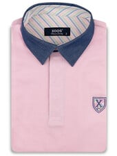 XOOS Pink short-sleeve polo with navy shirt collar and pink and pistachio striped lining