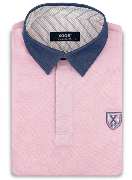 XOOS Polo manches courtes rose à col de chemise marine et doublure bayadère rose et pistache