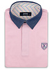 XOOS Pink short-sleeve polo with navy shirt collar and pink and pistachio striped lining