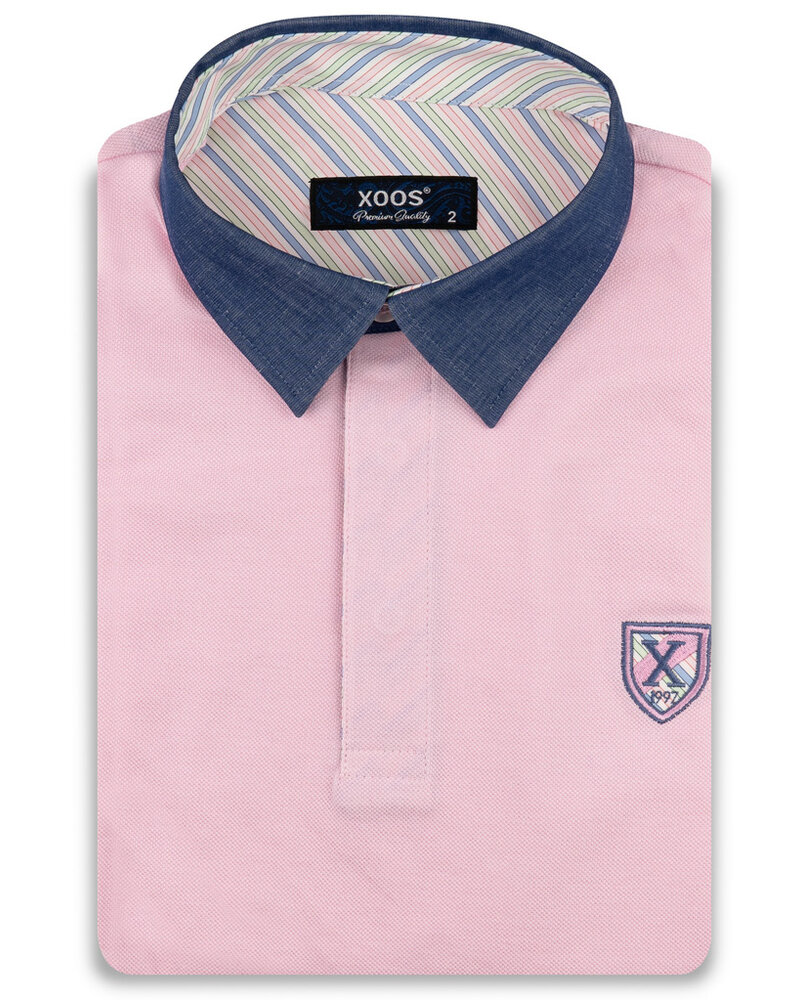 XOOS Polo manches courtes rose à col de chemise marine et doublure bayadère rose et pistache