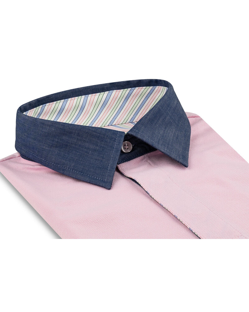 XOOS Polo manches courtes rose à col de chemise marine et doublure bayadère rose et pistache