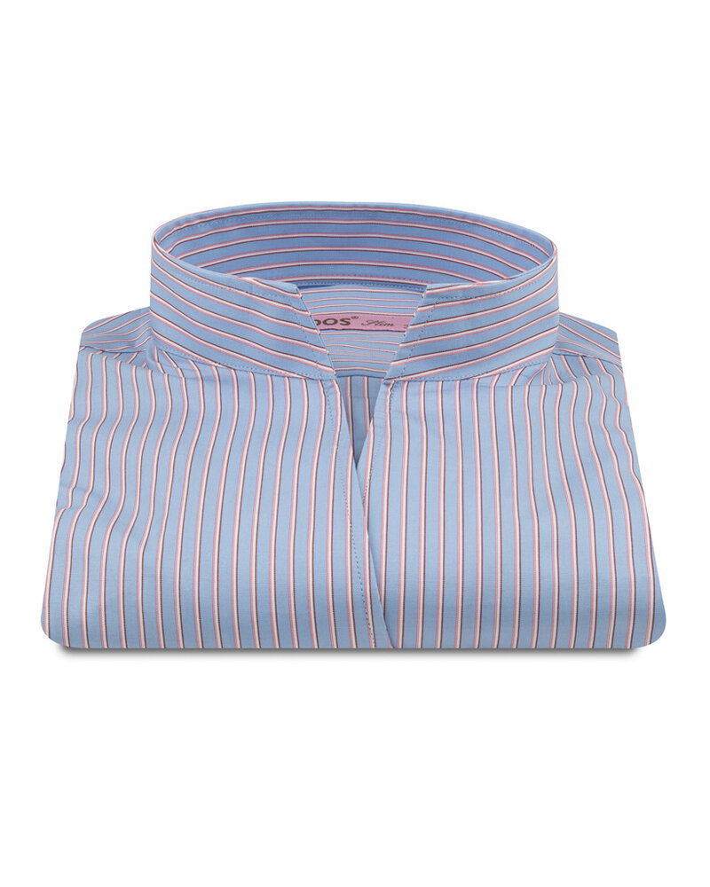 XOOS Chemisier femme bleu ciel à rayures roses et col droit ouvert