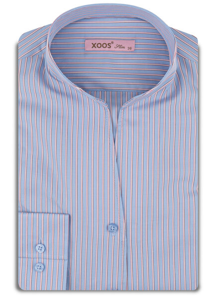 XOOS Chemisier femme bleu ciel à rayures roses et col droit ouvert