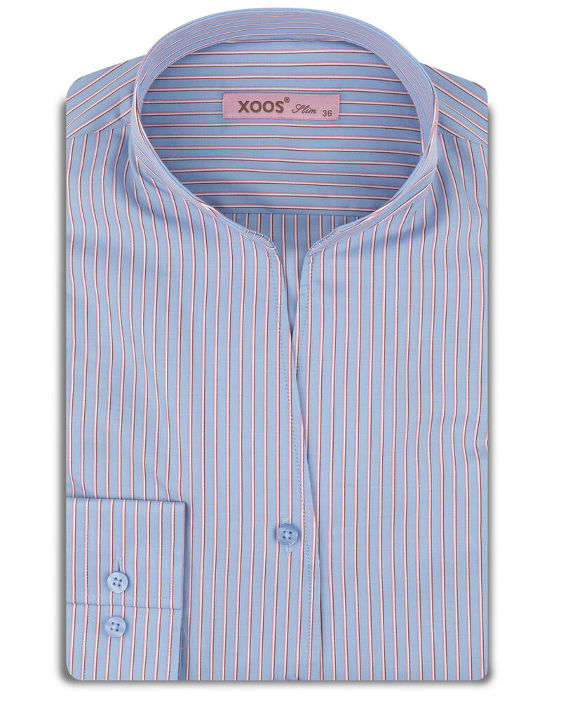 XOOS Chemisier femme bleu ciel à rayures roses et col droit ouvert