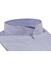 XOOS Women’s blue shirt with pink stripes and open straight collar