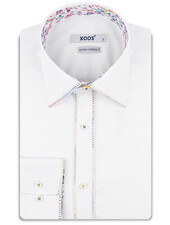 XOOS Men’s white de Ville Collar shirt with multicolor floral contrast lining and matching buttons
