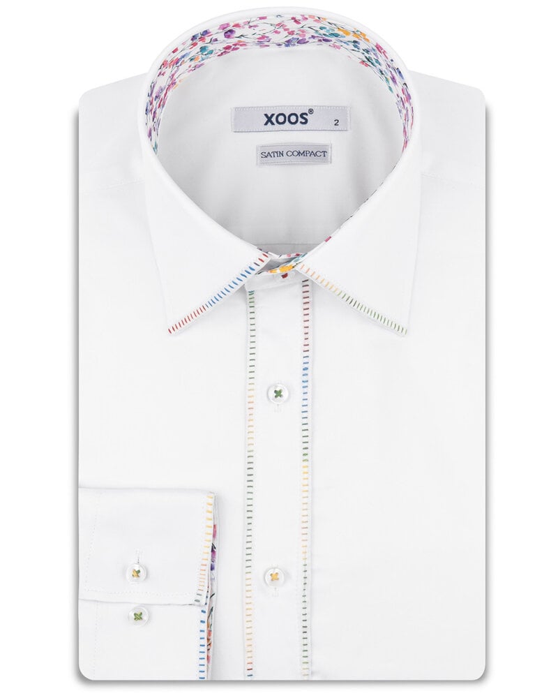 XOOS Men’s white de Ville Collar shirt with multicolor floral contrast lining and matching buttons