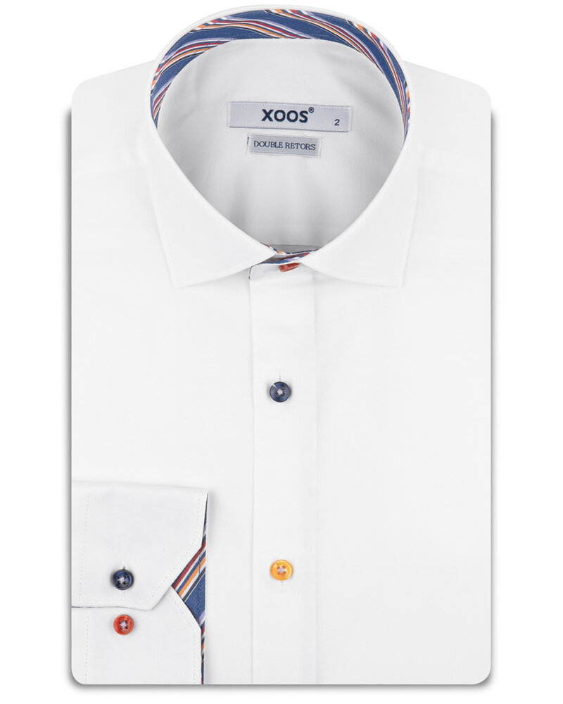 XOOS Chemise homme blanche à doublure bayadère et boutons assortis (Double Retors)