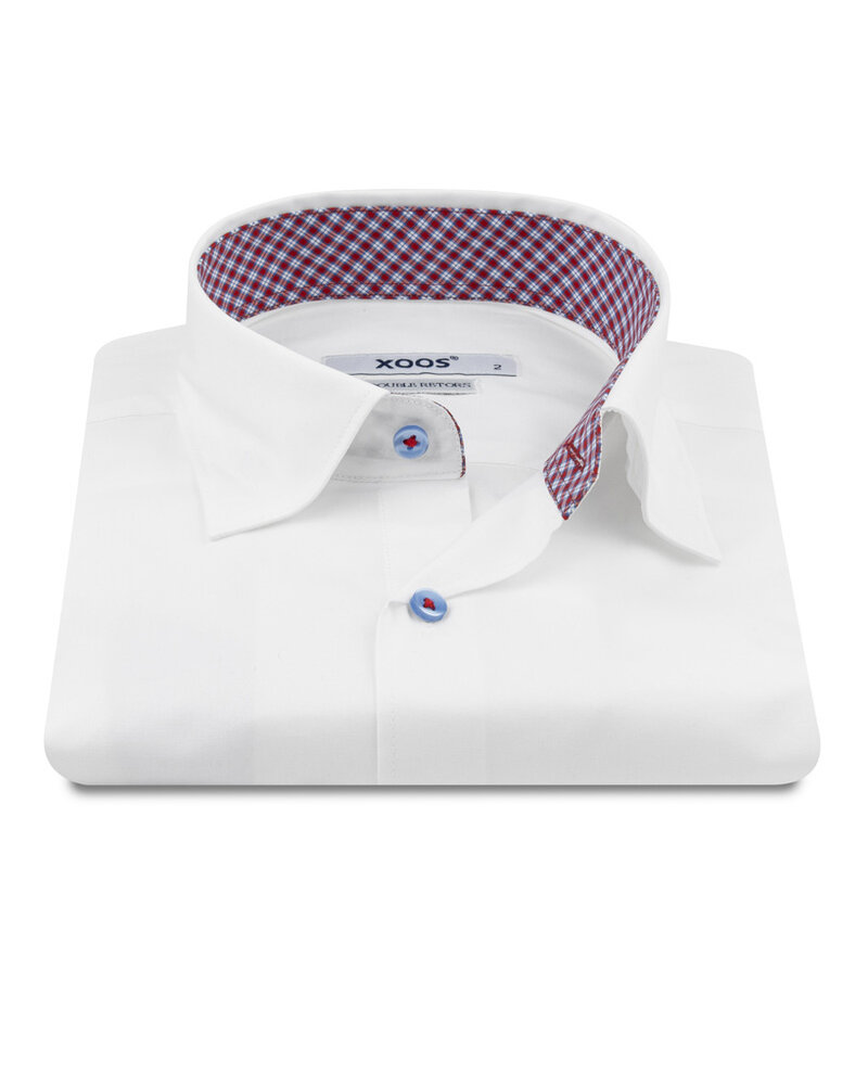 XOOS Chemise homme blanche à coudières et doublure à carreaux rouge (Double Retors)