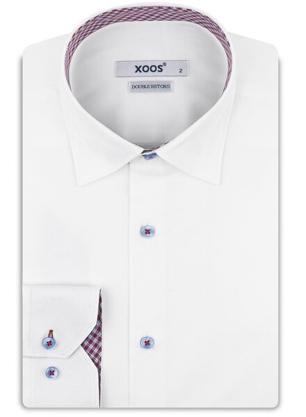 XOOS Chemise homme blanche à coudières et doublure à carreaux rouge (Double Retors)