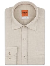 XOOS Men’s beige linen shirt with brown collar Trim