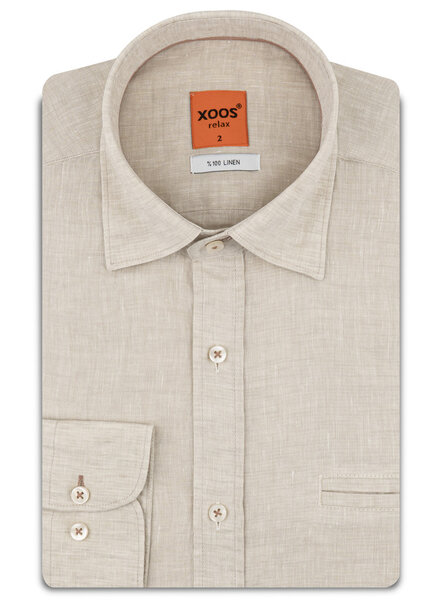 XOOS Men’s beige linen shirt with brown collar Trim