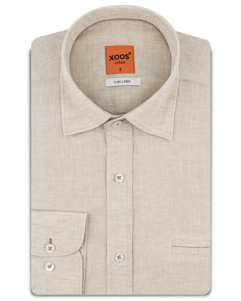 XOOS Chemise homme en lin beige et galon de col brun