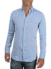 XOOS Chemise homme en lin bleu et galon de col marine
