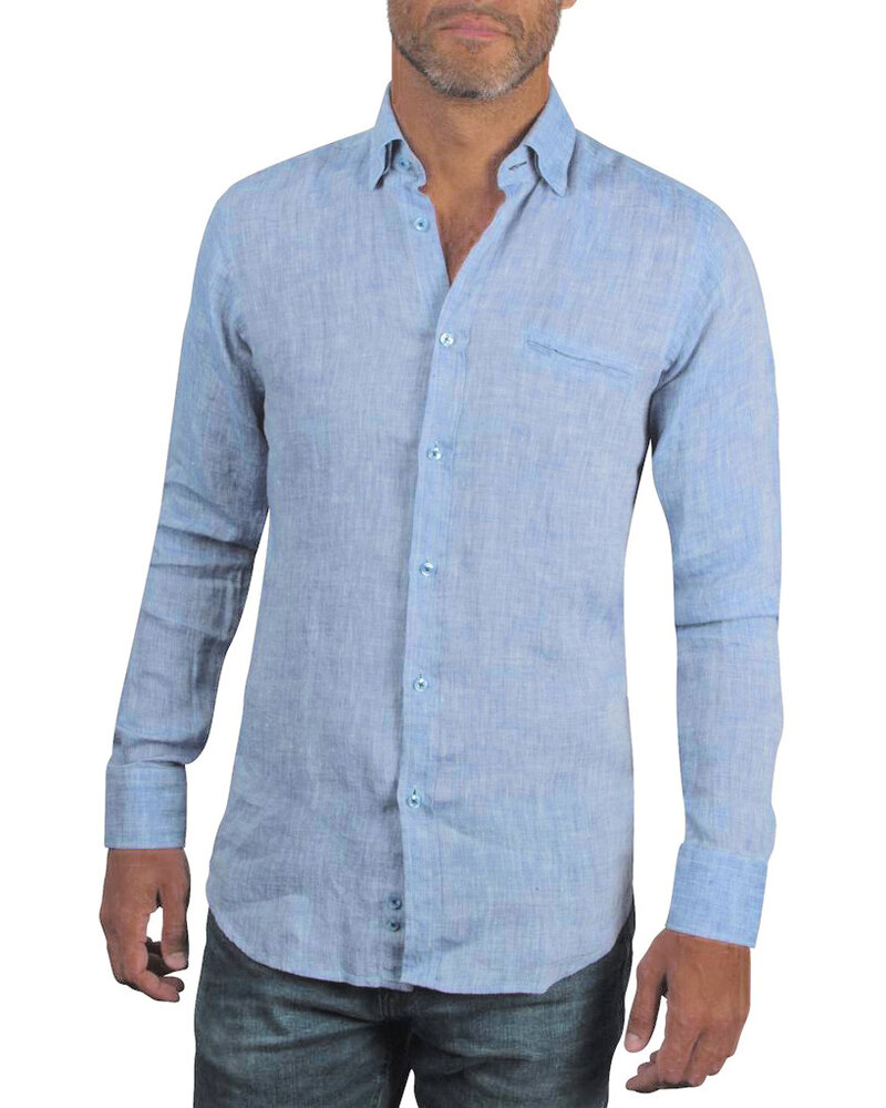 XOOS Men’s blue linen shirt with navy collar Trim